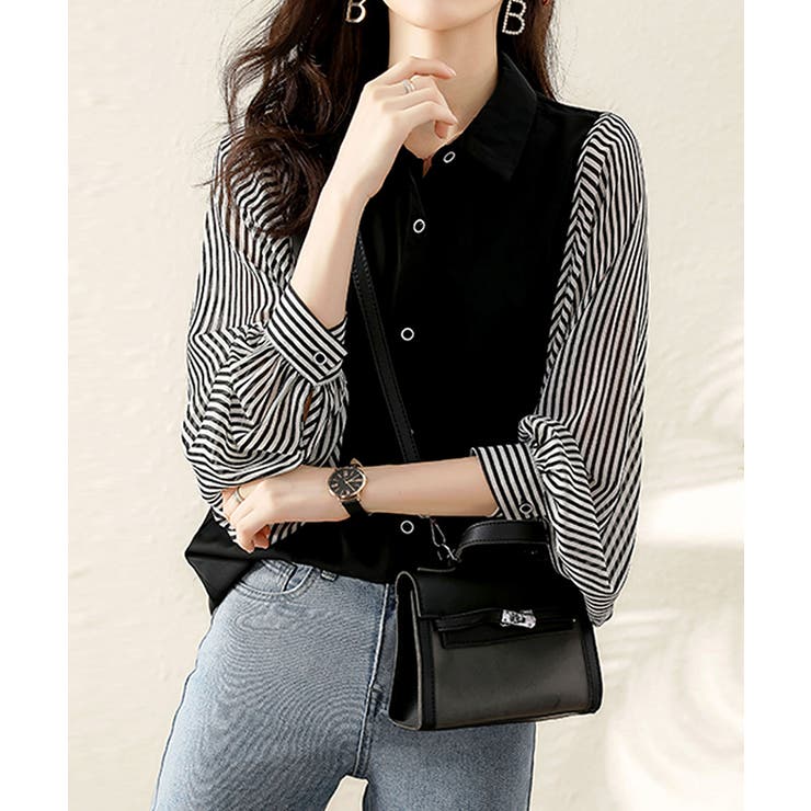 シャツブラウス ストライプ切り替え ボリューム袖ブラウス | COCOMOMO | 詳細画像6 