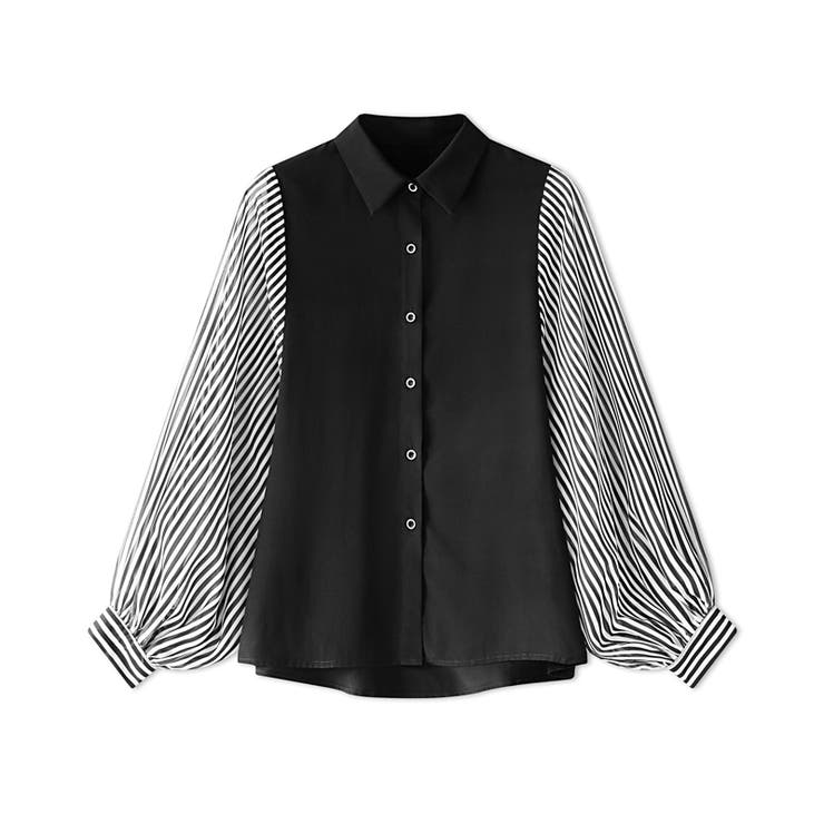 シャツブラウス ストライプ切り替え ボリューム袖ブラウス | COCOMOMO | 詳細画像9 