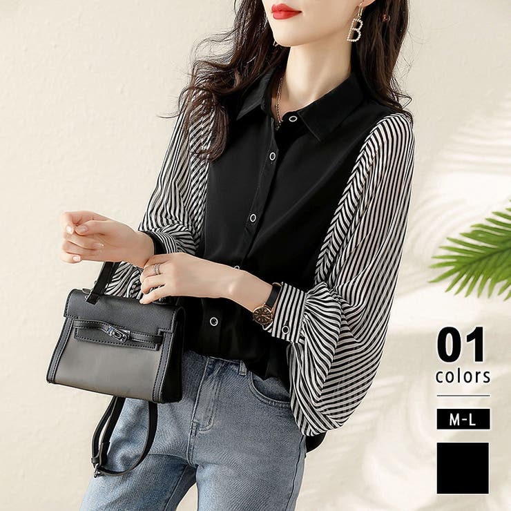 ブラック | シャツブラウス ストライプ切り替え ボリューム袖ブラウス | COCOMOMO
