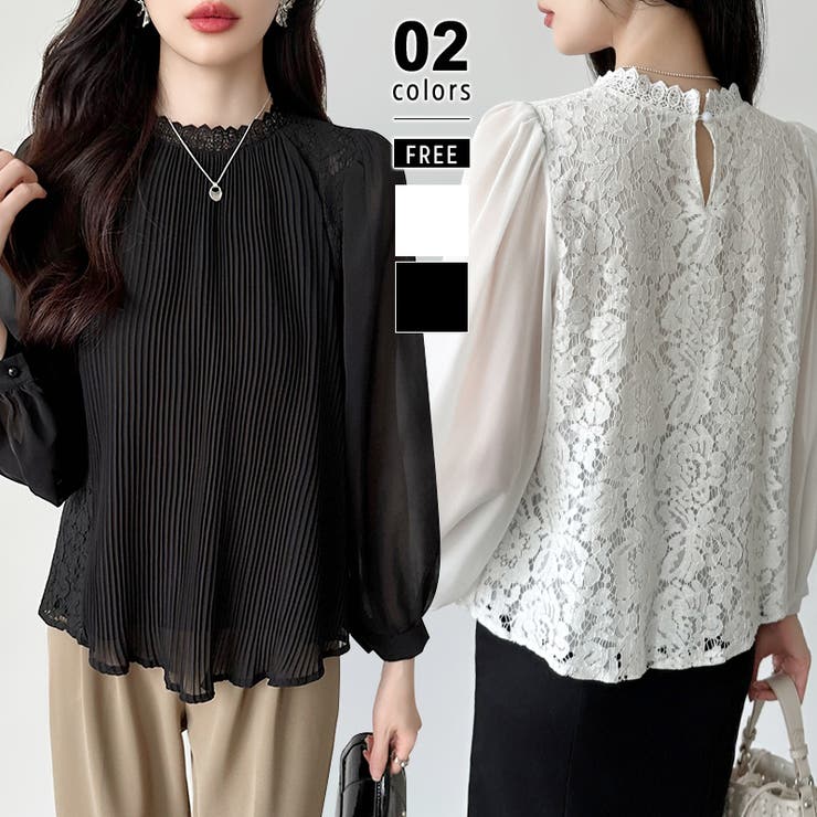 プリーツレースブラウス オフィスカジュアル バックレース[品番
