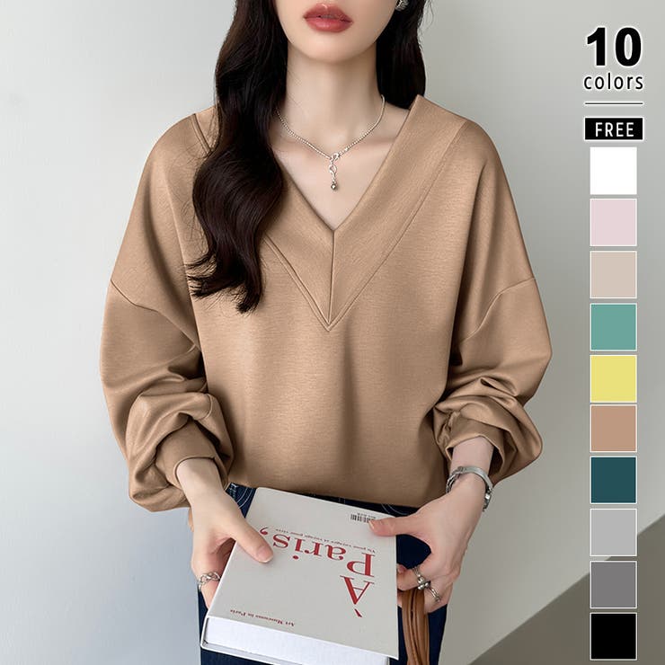 ライトブラウン | ダンボールトレーナー Vネックトップス オーバーサイズ | COCOMOMO