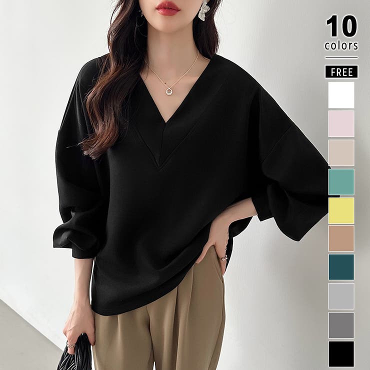 ブラック | ダンボールトレーナー Vネックトップス オーバーサイズ | COCOMOMO