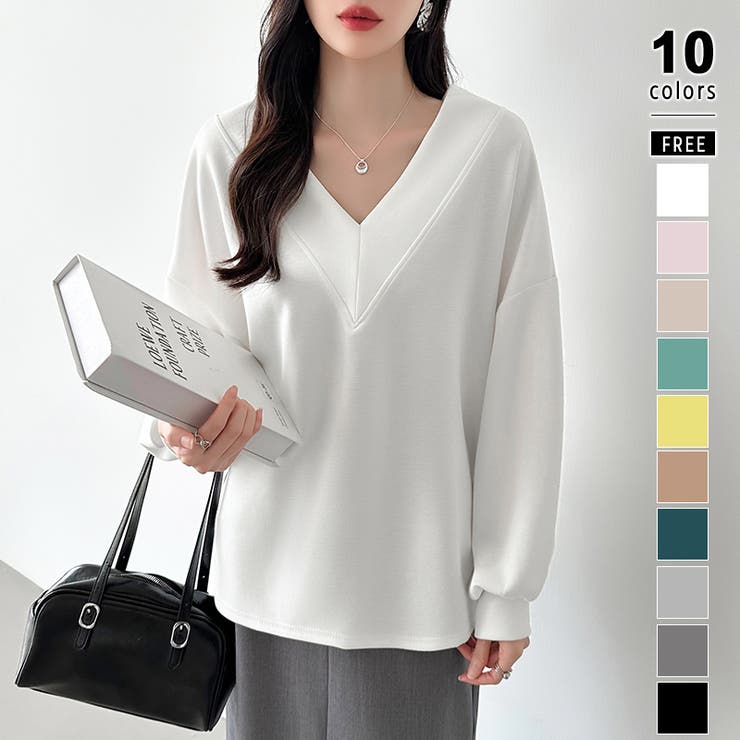 ホワイト | ダンボールトレーナー Vネックトップス オーバーサイズ | COCOMOMO