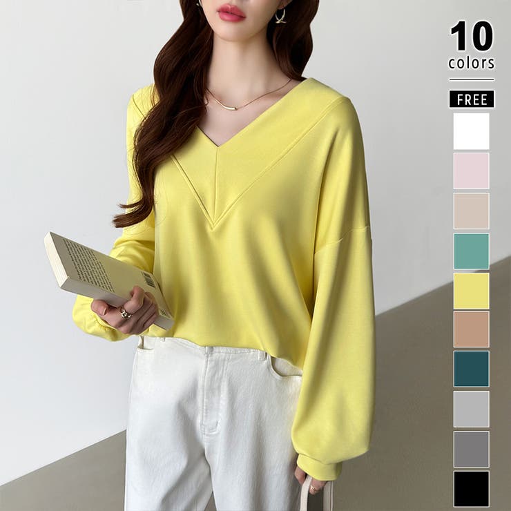 イエロー | ダンボールトレーナー Vネックトップス オーバーサイズ | COCOMOMO