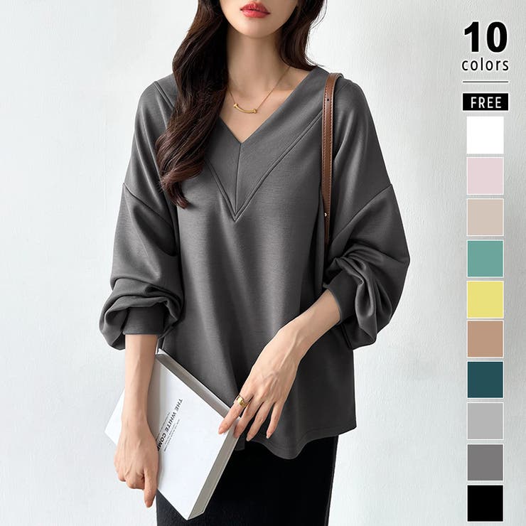 ダークグレー | ダンボールトレーナー Vネックトップス オーバーサイズ | COCOMOMO