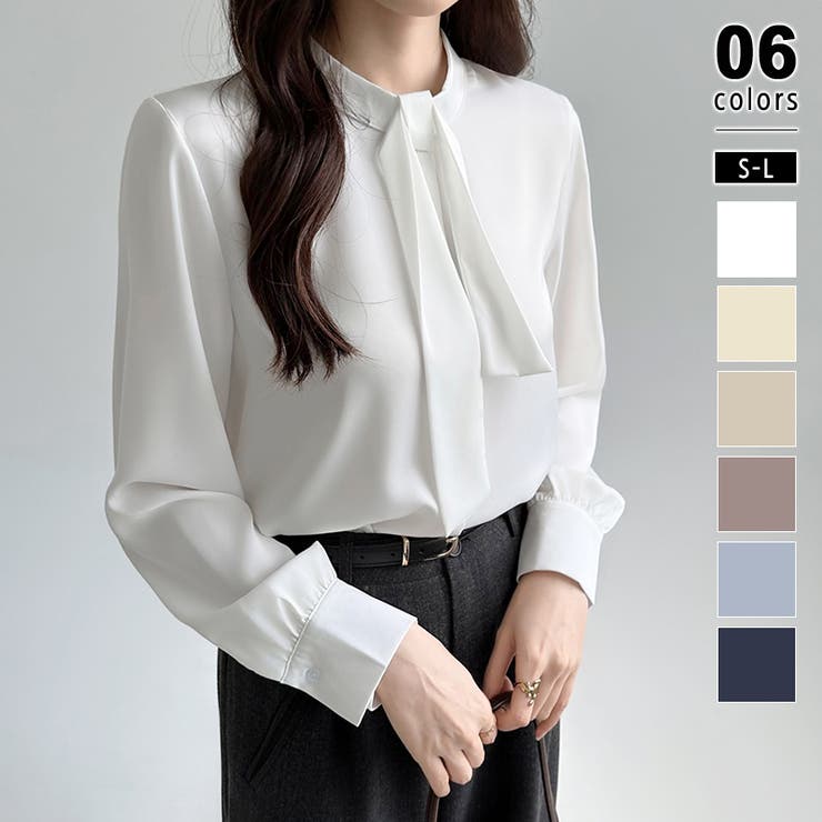 ホワイト | ボウタイブラウス きれいめブラウス オフィスカジュアル | COCOMOMO