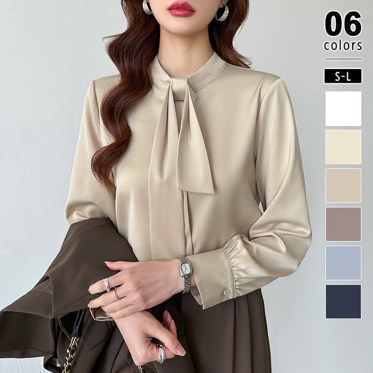 ライトブラウン | ボウタイブラウス きれいめブラウス オフィスカジュアル | COCOMOMO