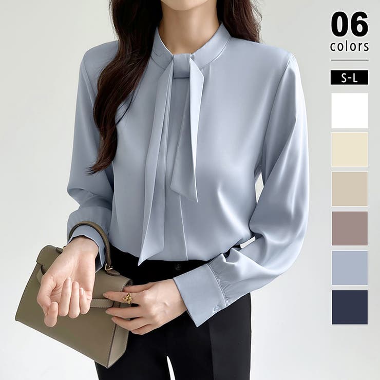 ブルー | ボウタイブラウス きれいめブラウス オフィスカジュアル | COCOMOMO