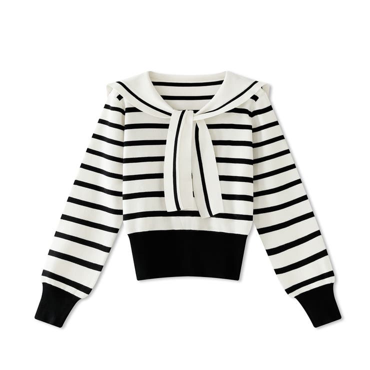 アイボリー | セーラーカラー ボーダーニット 韓国ファッション | COCOMOMO