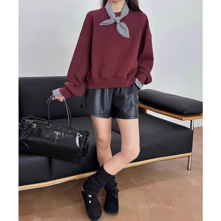 ギンガムチェックスカーフ付き 重ね着風トレーナー 長袖カットソー | COCOMOMO | 詳細画像20 