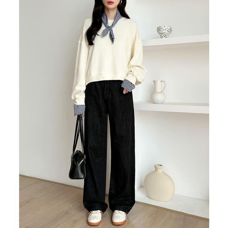 ギンガムチェックスカーフ付き 重ね着風トレーナー 長袖カットソー | COCOMOMO | 詳細画像13 