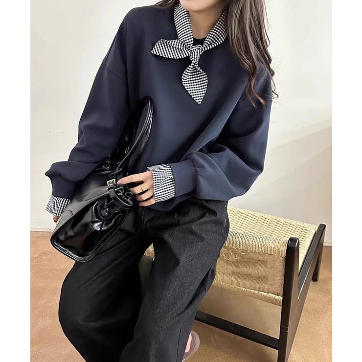 ギンガムチェックスカーフ付き 重ね着風トレーナー 長袖カットソー | COCOMOMO | 詳細画像4 