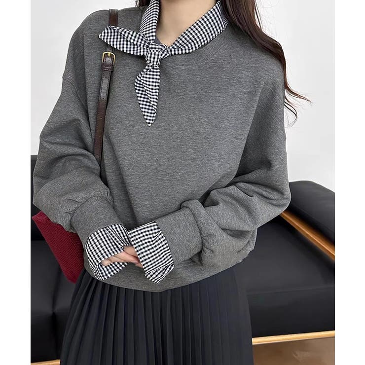 ギンガムチェックスカーフ付き 重ね着風トレーナー 長袖カットソー | COCOMOMO | 詳細画像5 
