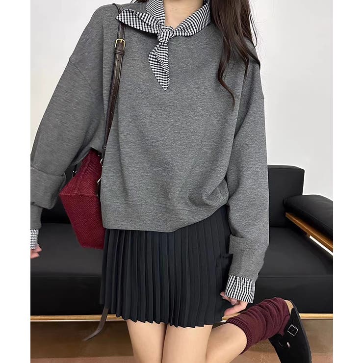 ギンガムチェックスカーフ付き 重ね着風トレーナー 長袖カットソー | COCOMOMO | 詳細画像6 