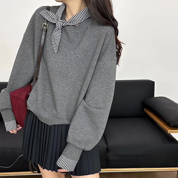 ギンガムチェックスカーフ付き 重ね着風トレーナー 長袖カットソー | COCOMOMO | 詳細画像7 