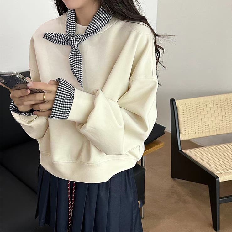 ギンガムチェックスカーフ付き 重ね着風トレーナー 長袖カットソー | COCOMOMO | 詳細画像15 