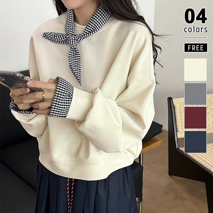 ベージュ | ギンガムチェックスカーフ付き 重ね着風トレーナー 長袖カットソー | COCOMOMO