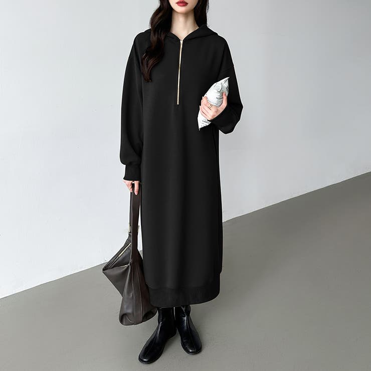 パーカーワンピース ハーフジップ ロングワンピース[品番
