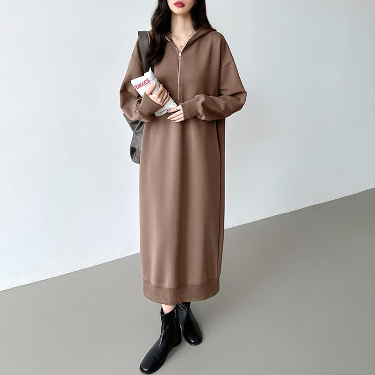 パーカーワンピース ハーフジップ ロングワンピース[品番