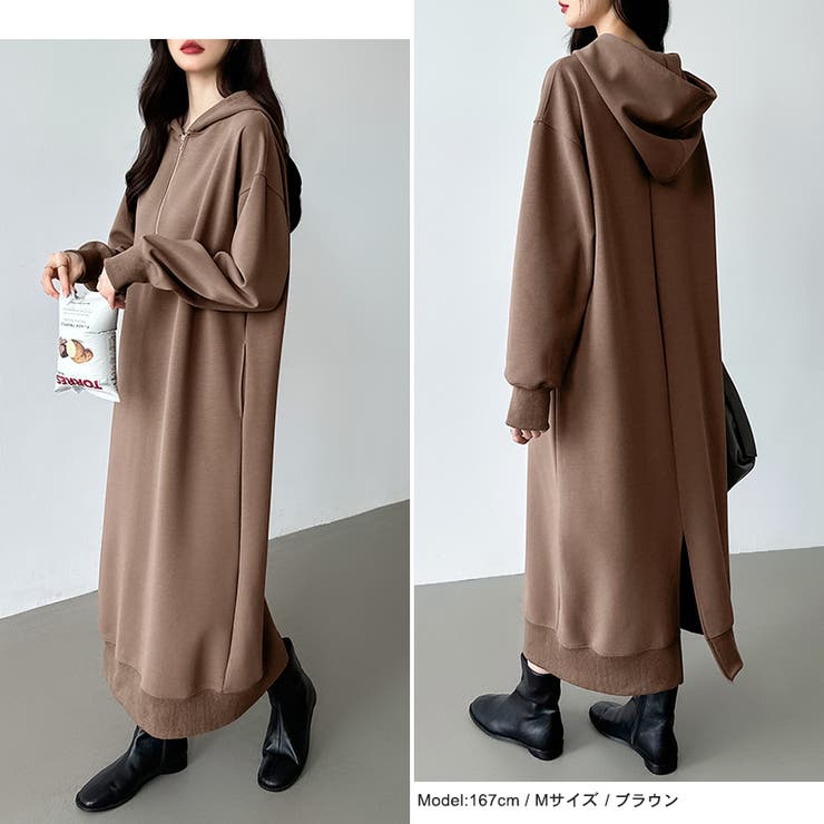 パーカーワンピース ハーフジップ ロングワンピース[品番 パーカーワンピース ハーフジップ ロングワンピース[品番