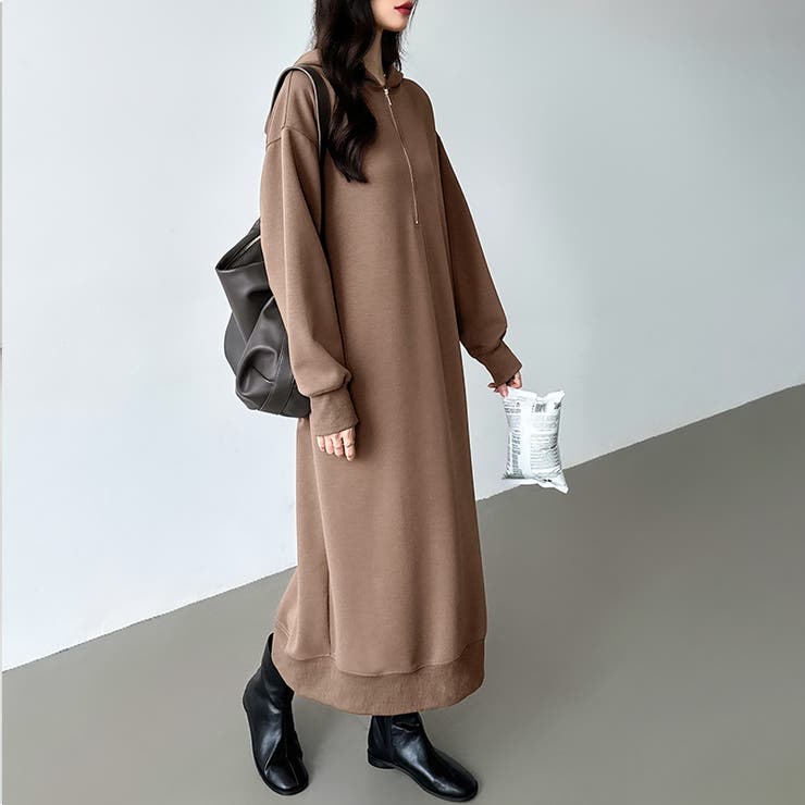 パーカーワンピース ハーフジップ ロングワンピース[品番