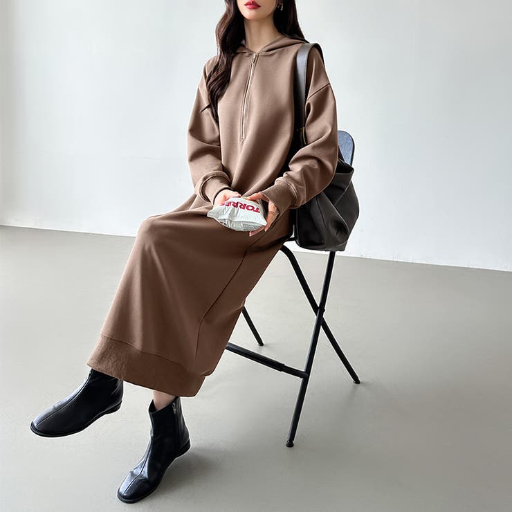 パーカーワンピース ハーフジップ ロングワンピース[品番：COCW0006106