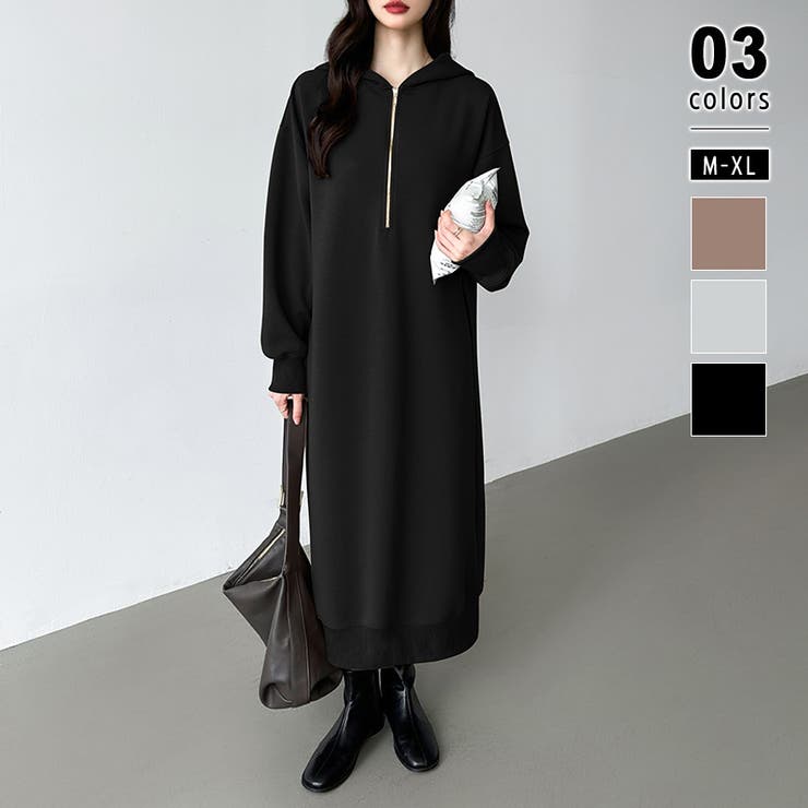 POPPY パーカーワンピース パーカーワンピース ハーフジップ ロングワンピース[品番