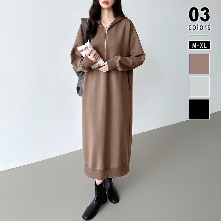 パーカーワンピース ハーフジップ ロングワンピース[品番
