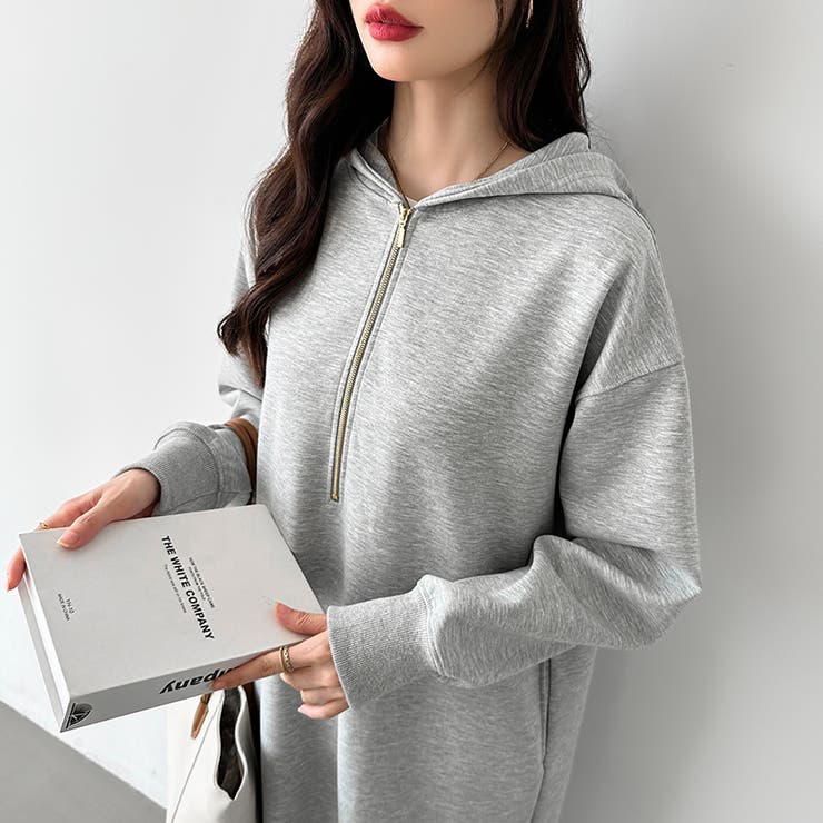 パーカーワンピース ハーフジップ ロングワンピース[品番 パーカーワンピース ハーフジップ ロングワンピース[品番