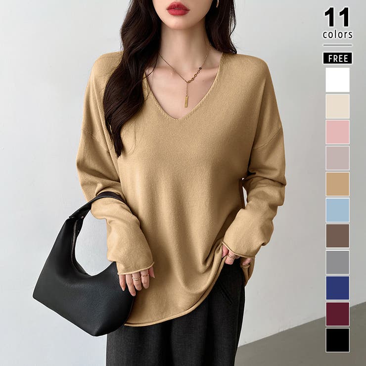 イエロー | もっちり柔らかルーズニット Vネックニット オフィスカジュアル | COCOMOMO