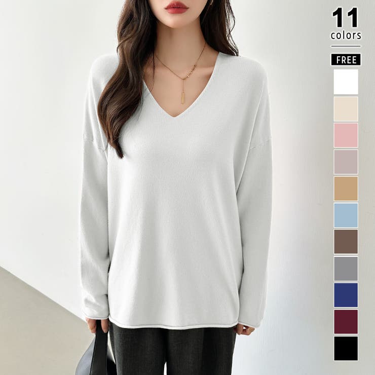 ホワイト | もっちり柔らかルーズニット Vネックニット オフィスカジュアル | COCOMOMO