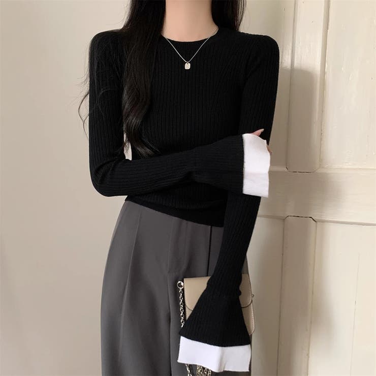 レイヤード風フレア袖ニット リブニット スリットスリーブ | COCOMOMO | 詳細画像10 