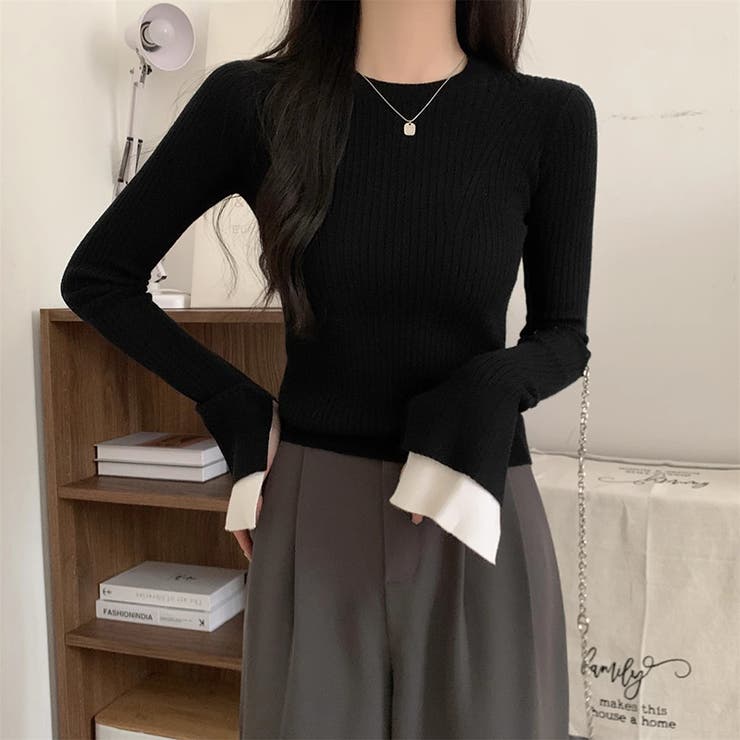 レイヤード風フレア袖ニット リブニット スリットスリーブ | COCOMOMO | 詳細画像12 