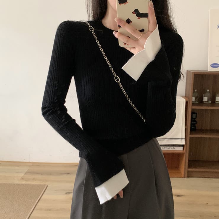 レイヤード風フレア袖ニット リブニット スリットスリーブ | COCOMOMO | 詳細画像13 