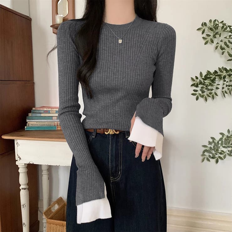 レイヤード風フレア袖ニット リブニット スリットスリーブ | COCOMOMO | 詳細画像5 