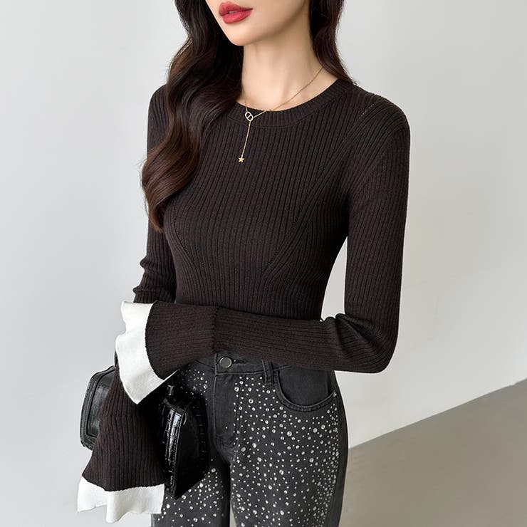 レイヤード風フレア袖ニット リブニット スリットスリーブ | COCOMOMO | 詳細画像15 