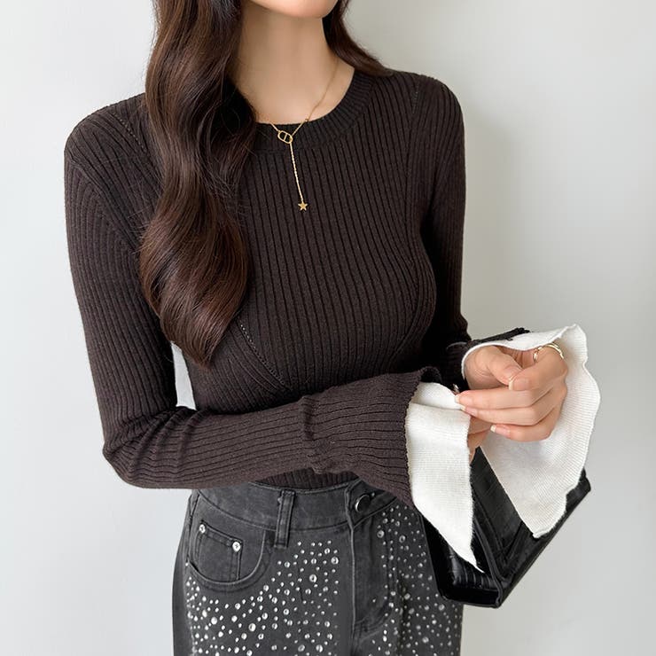 レイヤード風フレア袖ニット リブニット スリットスリーブ | COCOMOMO | 詳細画像16 