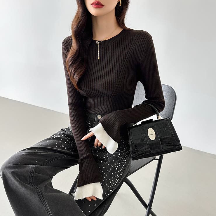 レイヤード風フレア袖ニット リブニット スリットスリーブ | COCOMOMO | 詳細画像18 