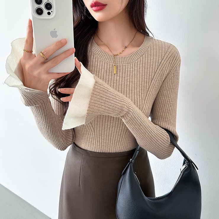 レイヤード風フレア袖ニット リブニット スリットスリーブ | COCOMOMO | 詳細画像22 