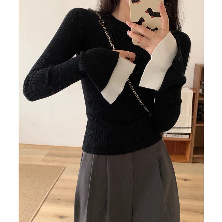 レイヤード風フレア袖ニット リブニット スリットスリーブ | COCOMOMO | 詳細画像6 