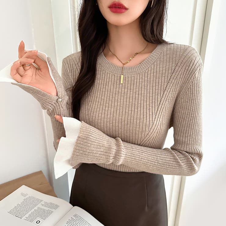 レイヤード風フレア袖ニット リブニット スリットスリーブ | COCOMOMO | 詳細画像25 