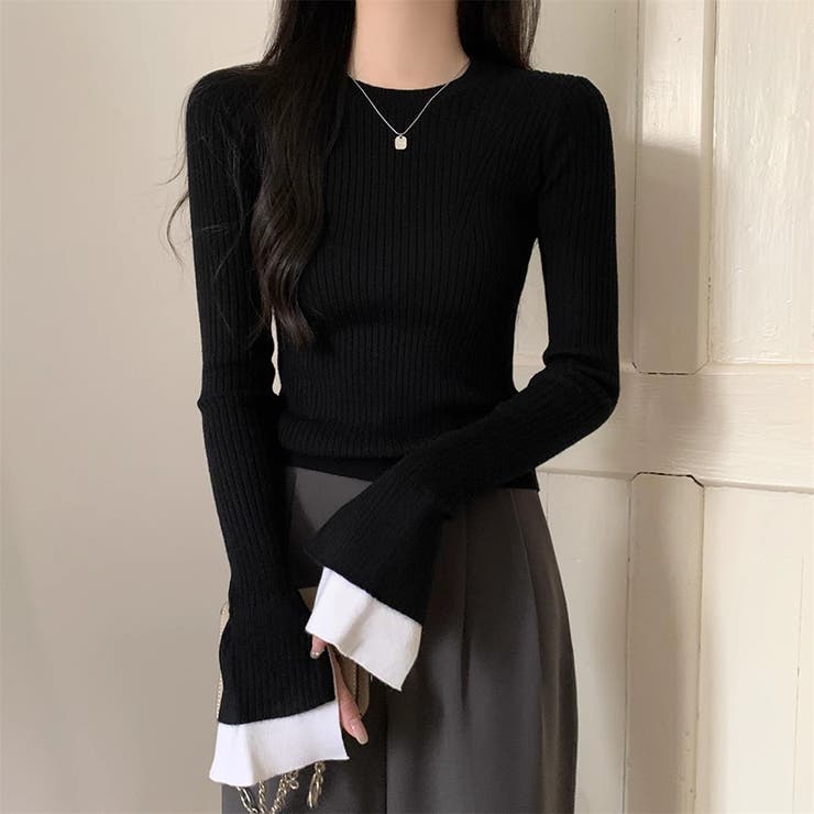 レイヤード風フレア袖ニット リブニット スリットスリーブ | COCOMOMO | 詳細画像8 