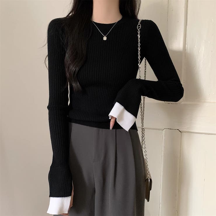 レイヤード風フレア袖ニット リブニット スリットスリーブ | COCOMOMO | 詳細画像9 