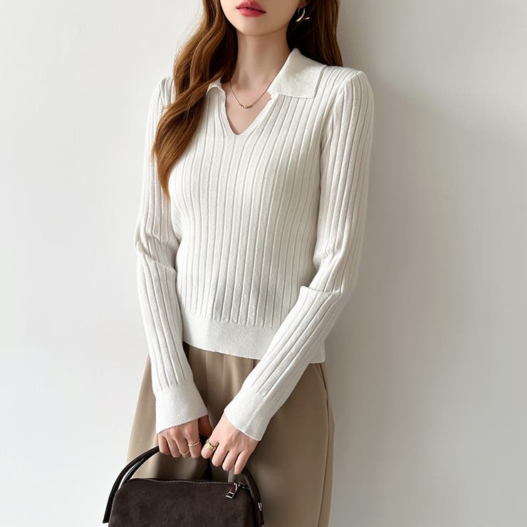 スキッパーニットトップス リブニット 韓国ファッション | COCOMOMO | 詳細画像3 