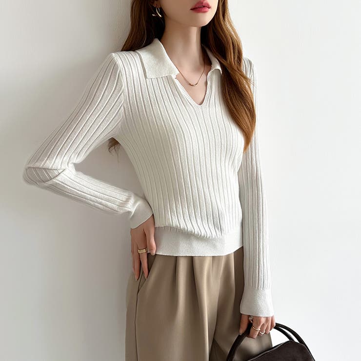 スキッパーニットトップス リブニット 韓国ファッション | COCOMOMO | 詳細画像4 