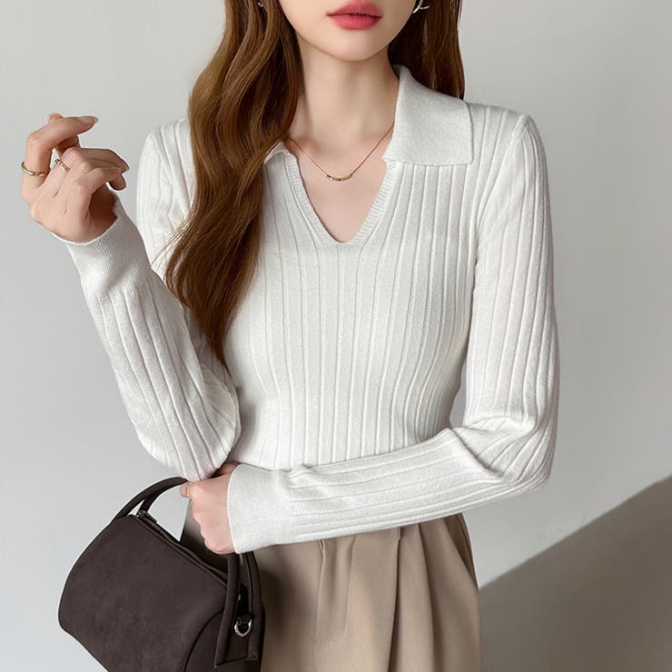 スキッパーニットトップス リブニット 韓国ファッション | COCOMOMO | 詳細画像5 