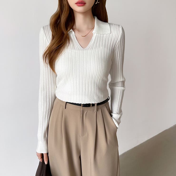 スキッパーニットトップス リブニット 韓国ファッション | COCOMOMO | 詳細画像6 