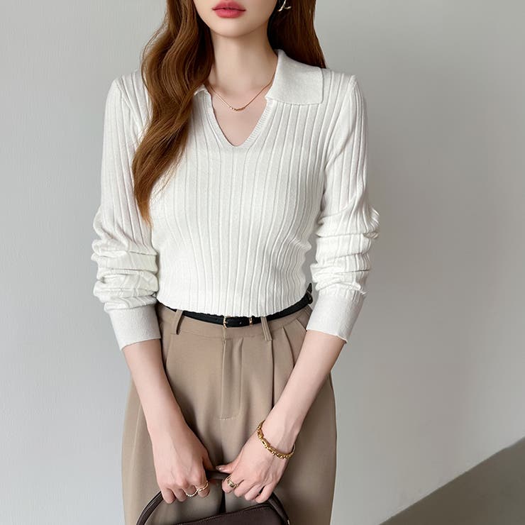 スキッパーニットトップス リブニット 韓国ファッション | COCOMOMO | 詳細画像8 