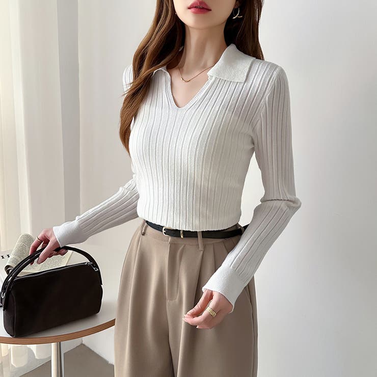 スキッパーニットトップス リブニット 韓国ファッション | COCOMOMO | 詳細画像10 