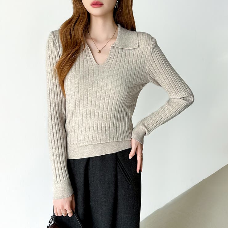 スキッパーニットトップス リブニット 韓国ファッション | COCOMOMO | 詳細画像11 